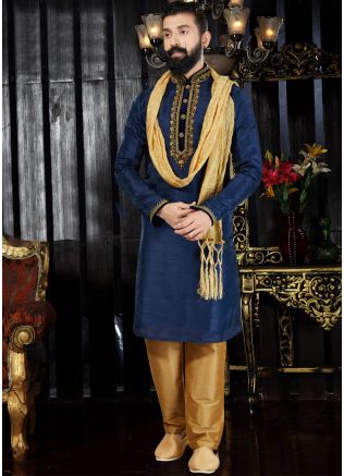 Readymade Navy Blue Art Silk Kurta Pyjama with Stole