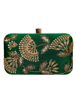 Green Embroidered Silk Frame Box Clutch