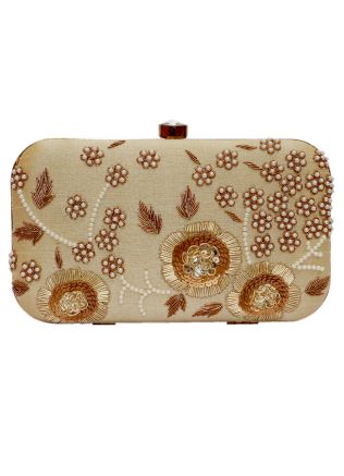 Floral Embroidered Beige Silk Clutch With Chain Strap