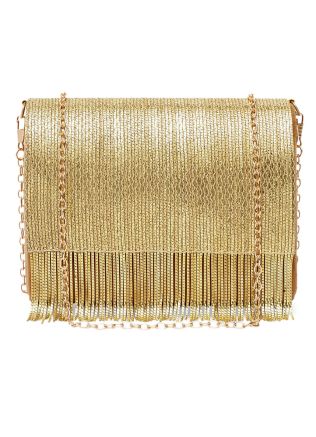 Golden Fringed Velvet Flapover Clutch With Chain Strap