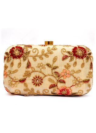 Cream Floral Embroidered Clutch With Chain Strap