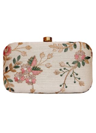 Embroidered Cream Silk Frame Box Clutch