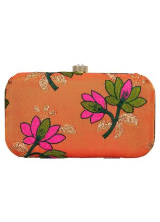 Floral Embroidered Orange Frame Box Clutch