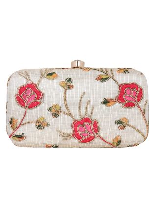 Embroidered Cream Silk Frame Box Clutch