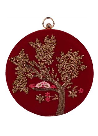 Embroidered Maroon Velvet Round Clutch