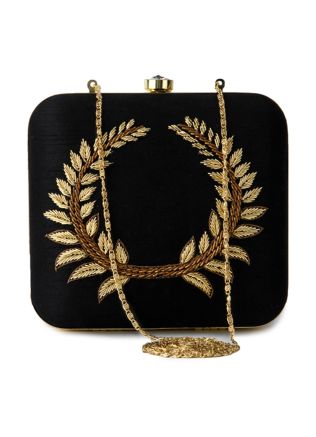 Black Embroidered Square Box Clutch With Chain Strap