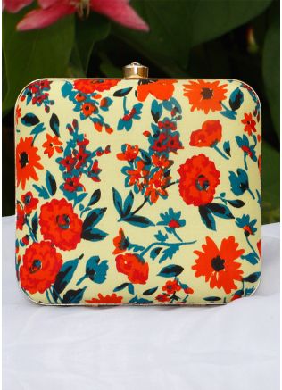 Floral Printed Cream Square Box Clutch