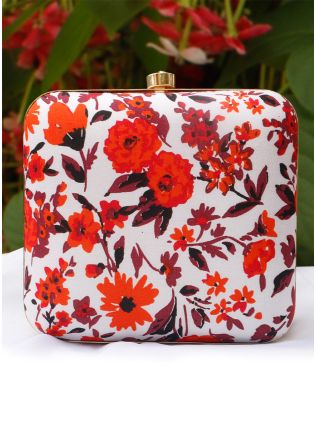 Floral Printed White Art Silk Square Box Clutch