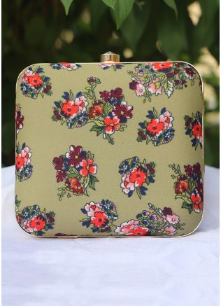 Green Floral Printed Square Box Clutch