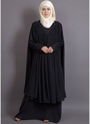 Black Readymade Twin Layered Flared Abaya