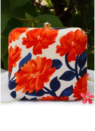 Floral Printed White Art Silk Square Box Clutch