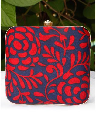 Printed Navy Blue Art Silk Square Clutch