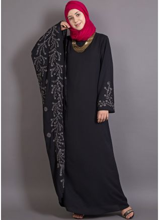 Readymade Black Embroidered Butterfly Sleeve Abaya