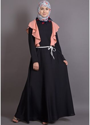 Black and Peach Frilled Pattern Readymade Abaya