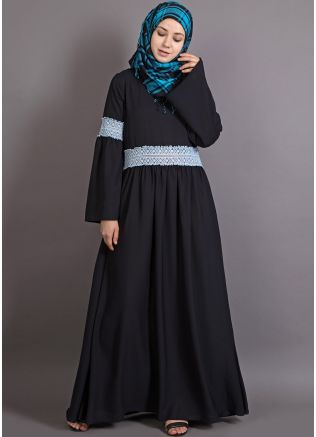 Black Readymade Crochet Lace Crape Abaya