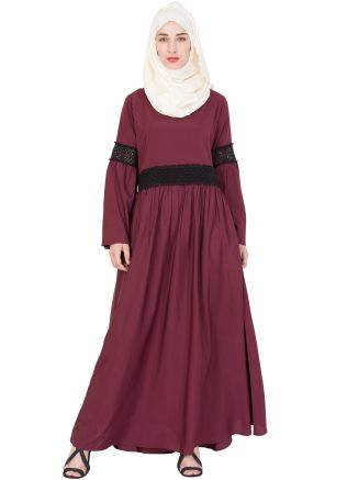 Maroon Readymade Crochet Lace Crape Abaya