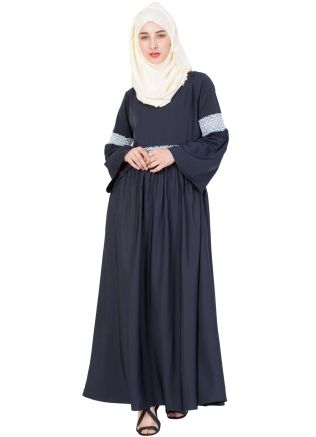 Navy Blue Readymade Crochet Lace Crape Abaya