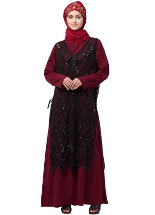 Readymade Maroon Twin Layered Embroidered Abaya