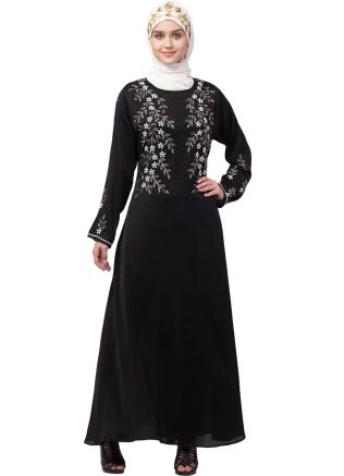 Black Readymade Beads Embroidered Abaya