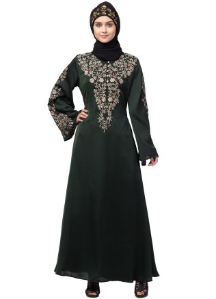 Green Readymade Abaya With Resham Embroidery