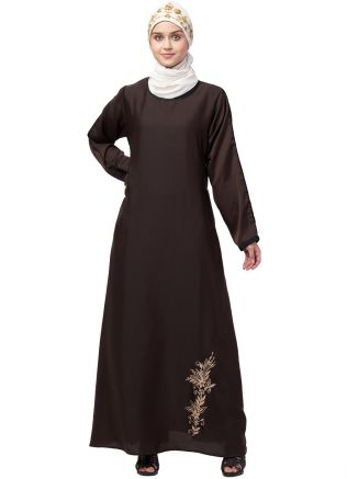 Brown Embroidered Readymade Abaya In Nida