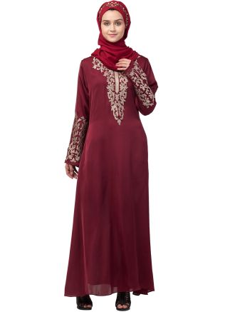 Maroon Readymade Embroidered Abaya In Nida