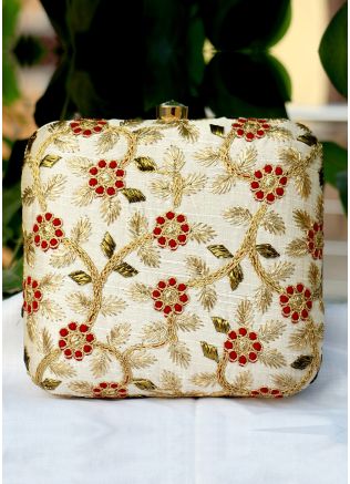 Floral Embroidered Cream Square Box Clutch