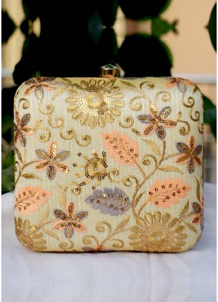 Embroidered Art Silk Golden Square Box Clutch