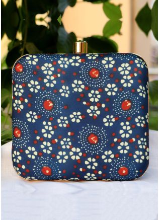 Navy Blue Printed Art Silk Square Box Clutch