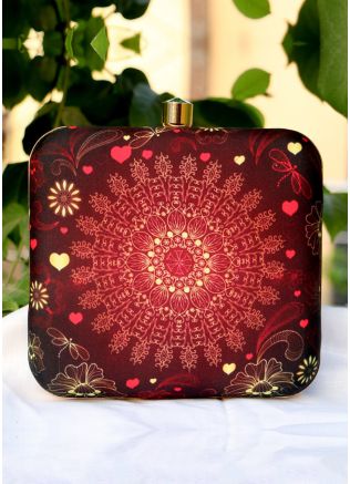 Maroon Printed Art Silk Square Box Clutch