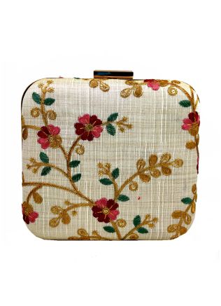 Floral Embroidered Art Silk Cream Square Clutch