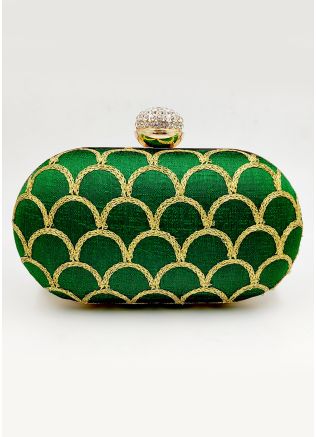 Zari Embroidered Green Art Silk Clutch