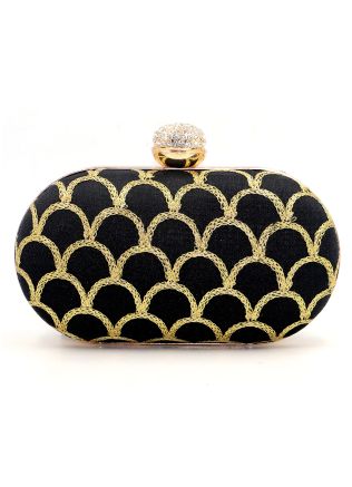 Zari Embroidered Black Art Silk Clutch