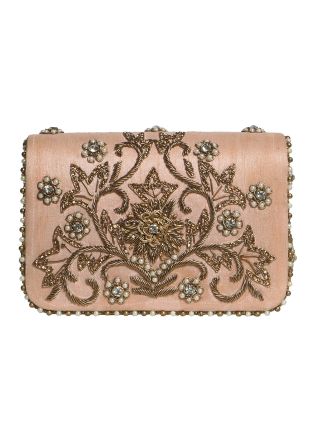 Pink Stone Embellished Front Flap Satin Bag