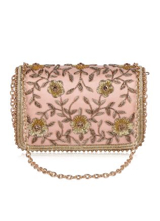 Pink Satin Bag With Floral Sequins Embroidery