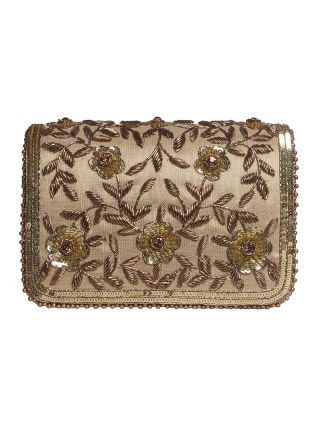 Floral Sequins Embroidered Beige Bag In Satin