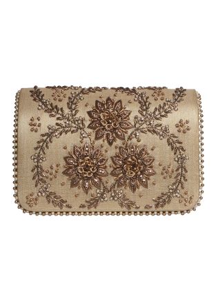 Zari Embroidered Front Flap Bag In Beige