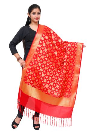 Woven Art Silk Dupatta In Red