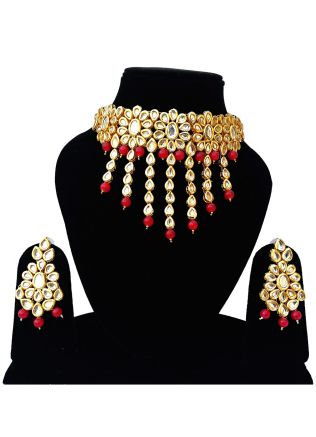 Golden Red Stone Studded Kundan Choker Set