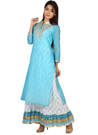 White Cotton Dress With Blue Long Kurti