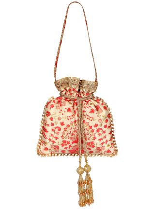 Beige Floral Printed Silk Potli Bag