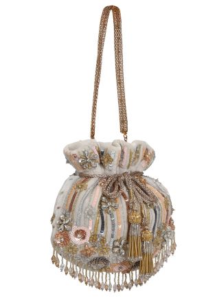 White Embellished Velvet Potli Bag