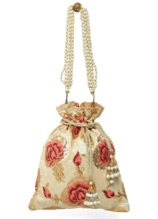 Beige Thread Embroidered Potli Bag