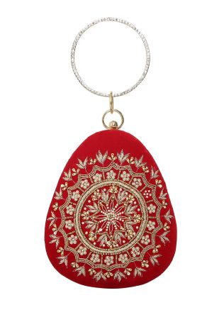 Red Velvet Oval Clutch Bag In Beads Work