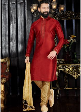 Readymade Red Art Silk Kurta Churidar Set With Stole