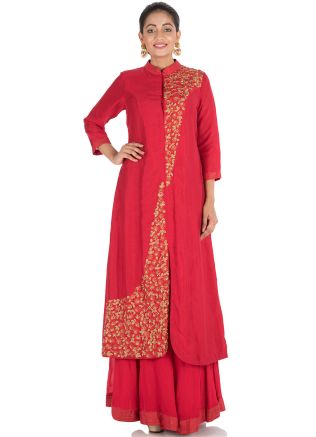 Red Hand Embroidered Kurta With Palazzo