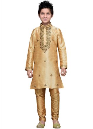 Readymade Beige Art Silk Kids Kurta Pajama