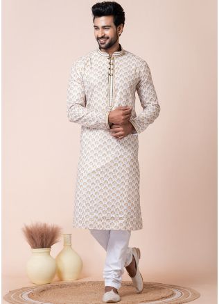 White Printed Men Kurta Pajama In Cotton