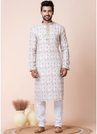 White Printed Readymade Kurta Pajama