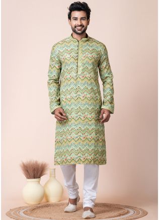 Green Printed Readymade Men Kurta Pajama